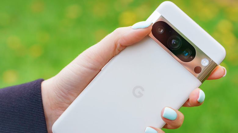 A person holding a Google Pixel 8 smartphone outdoors.