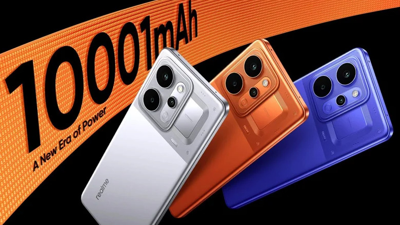 The Realme P4 Power smartphone showcased in multiple vibrant color variants.