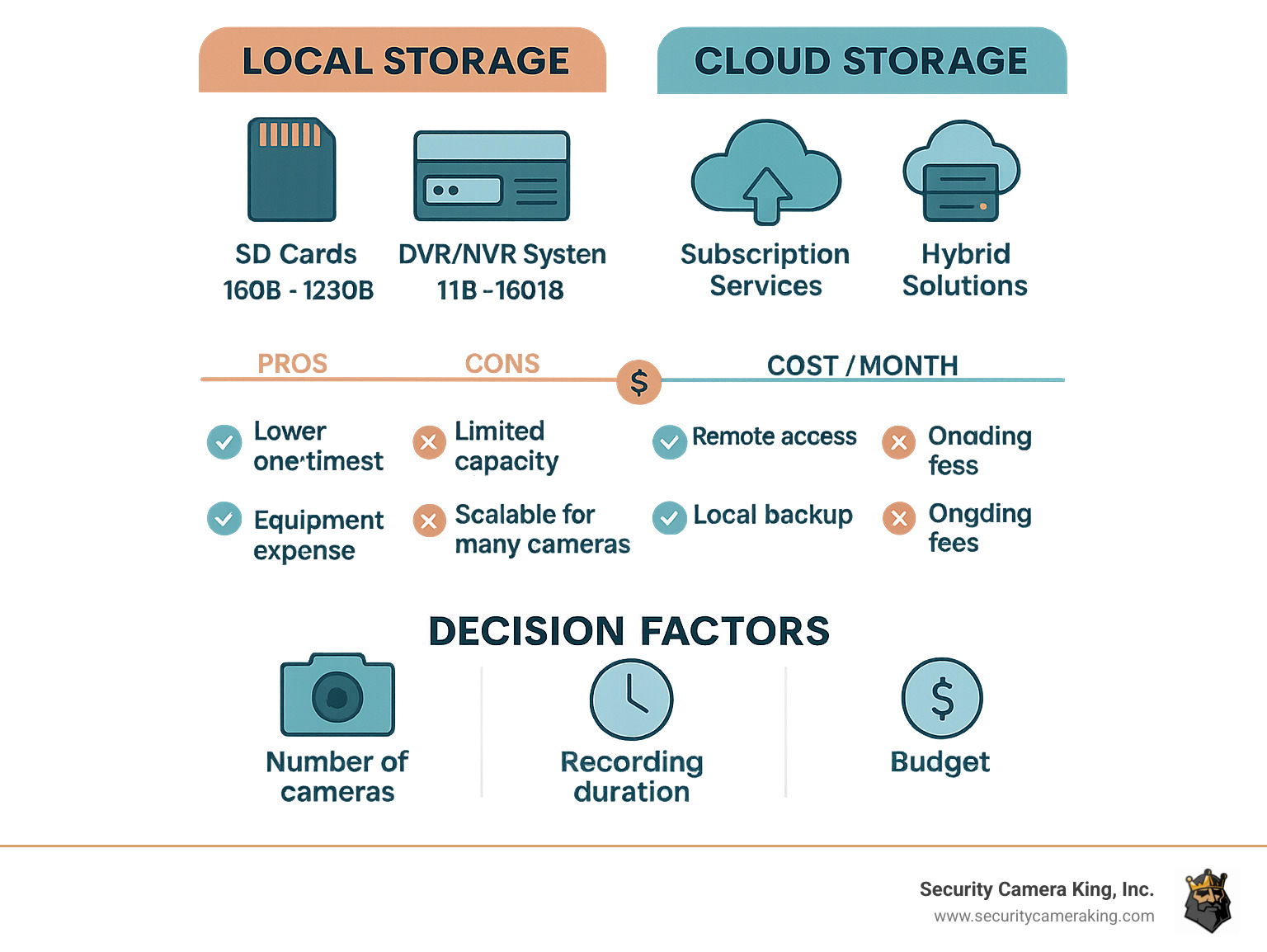 Detailed comparison chart showing data flow in local vs cloud-based surveillance systems.