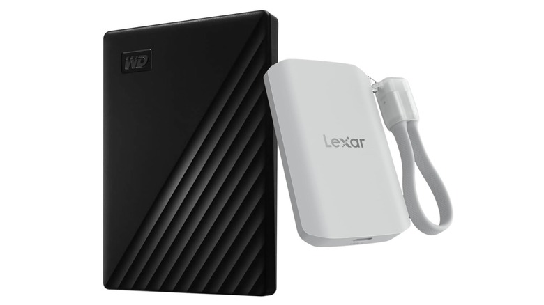 A comparison photo showing a Western Digital My Passport and a Lexar ES5 Magnetic External SSD.