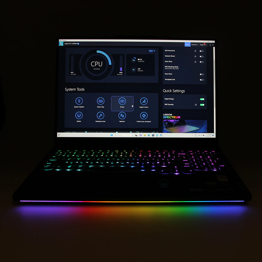 Lenovo Legion Pro 7i featuring per-key RGB lighting and the front light bar.