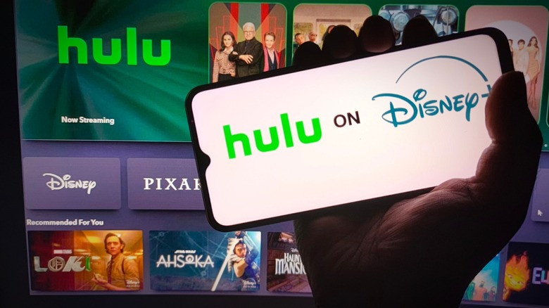 The Hulu app interface displayed simultaneously on a handheld phone and a background television.