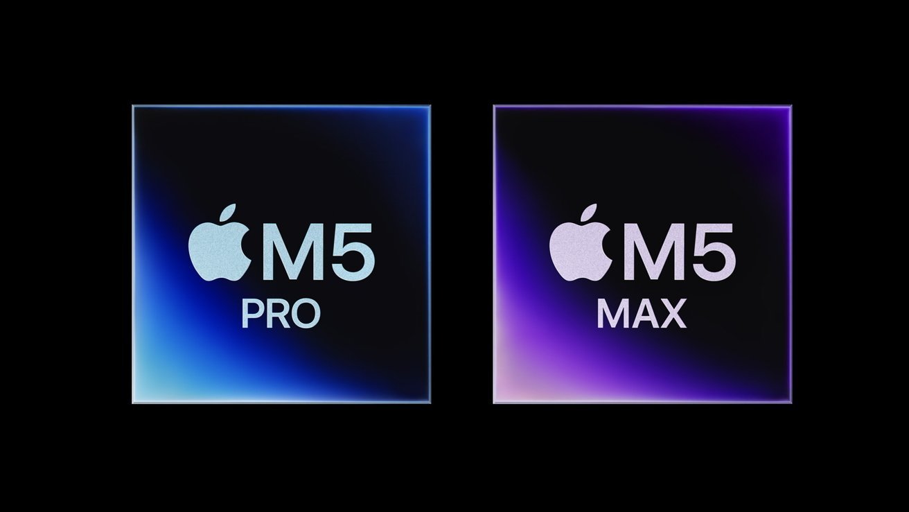 Apple M5 Pro and M5 Max chip logos featuring blue and purple gradient designs.