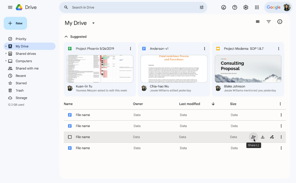 Google Drive cloud storage interface showing file organization and sharing options.