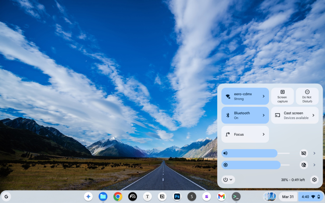 The system quick settings and notification panel in the ChromeOS Flex user interface.