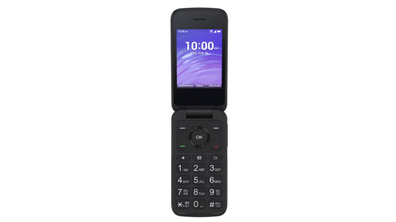 The TCL Flip Go phone shown in its folded and open positions on a white background.