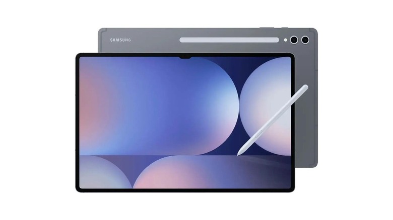 Samsung Galaxy Tab S10 Ultra front and back view with its pressure-sensitive S Pen stylus.