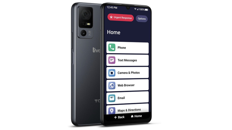 The Jitterbug Smart4 smartphone showing its simplified list-based menu interface on a white background.