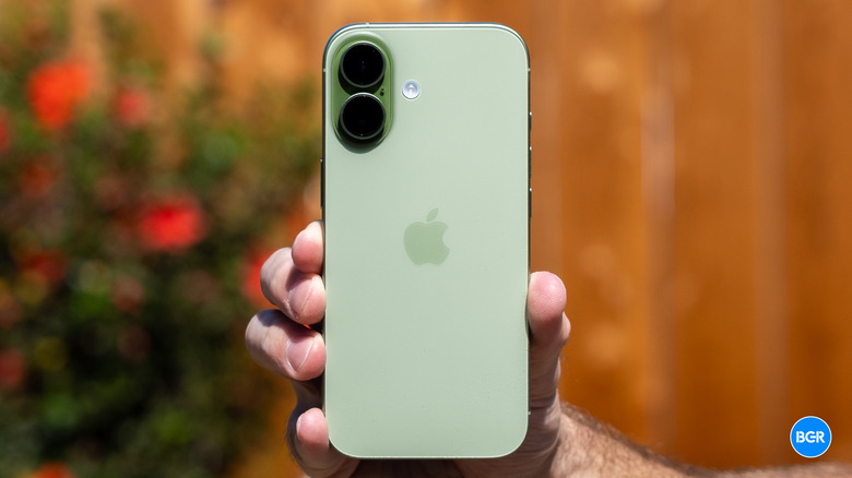 A person's hand holding a standard iPhone 17 in a lifestyle setting.
