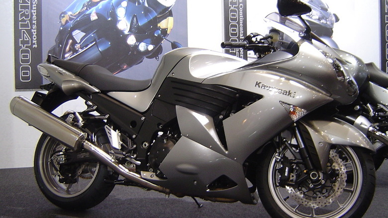 A special edition black Kawasaki ZZR1400 on display.