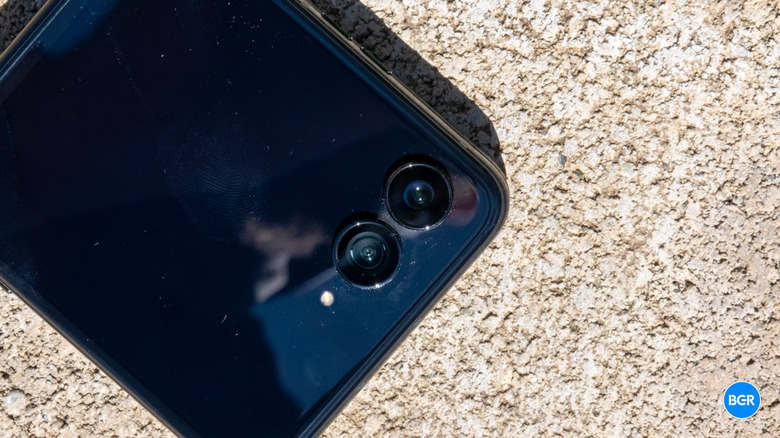 Close-up of the dual camera sensors on the Motorola Razr Ultra's exterior.