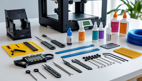 A flat lay of 3D printer maintenance tools including needles, wipes, and lubricants.