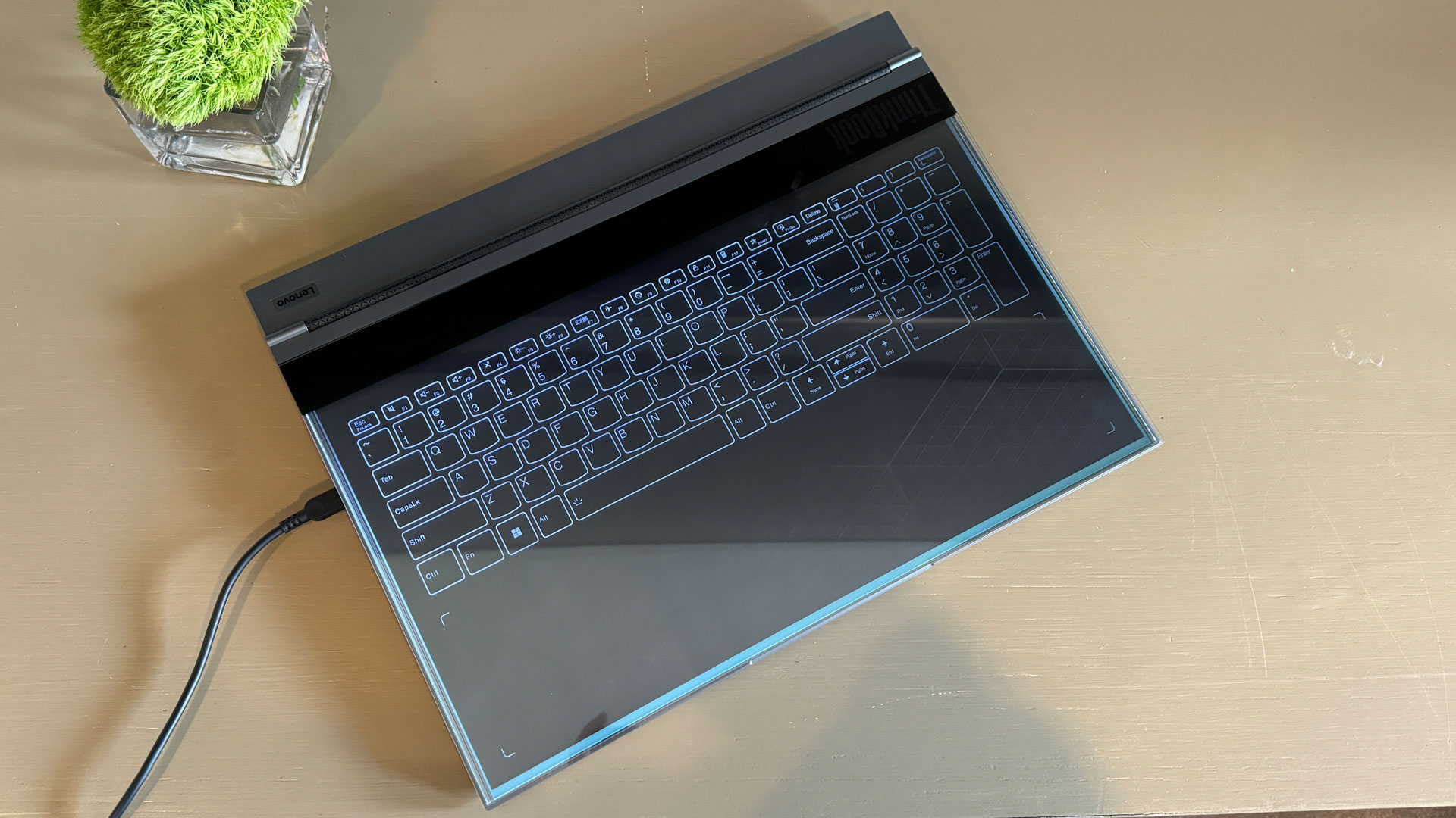 Close-up of the 17.3-inch bezel-free transparent Micro-LED screen.