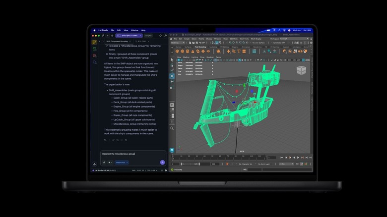 A MacBook Pro screen displaying a complex 3D rendering program using the M5 chip's GPU.