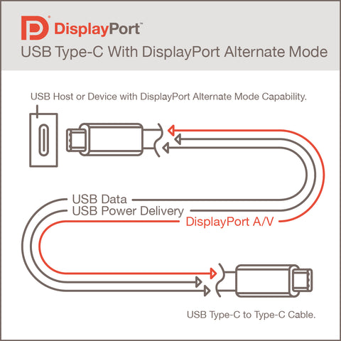 A technical diagram explaining the mapping of DisplayPort signals onto the USB-C physical connector pins.