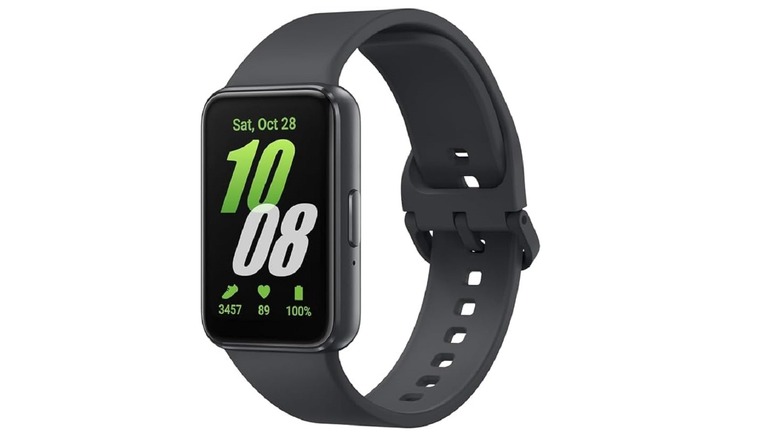 Close-up of the Samsung Galaxy Fit 3 featuring a black strap and rectangular AMOLED screen.