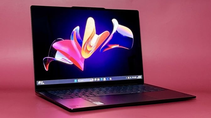 Lenovo Yoga Slim 7x OLED laptop showing a high-contrast display.