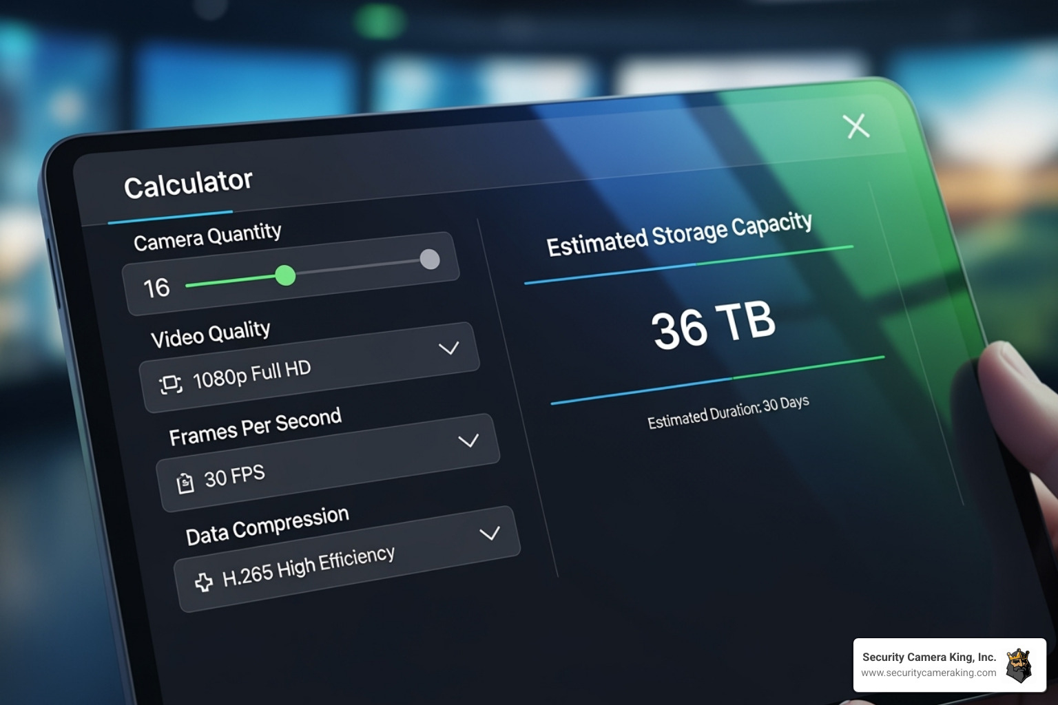 Interface of a digital storage calculator showing estimated days of recording for 4K video footage.
