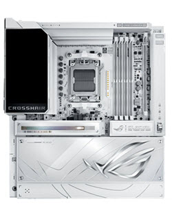 The Asus ROG Crosshair X870E Glacial flagship AM5 motherboard in a white colorway.