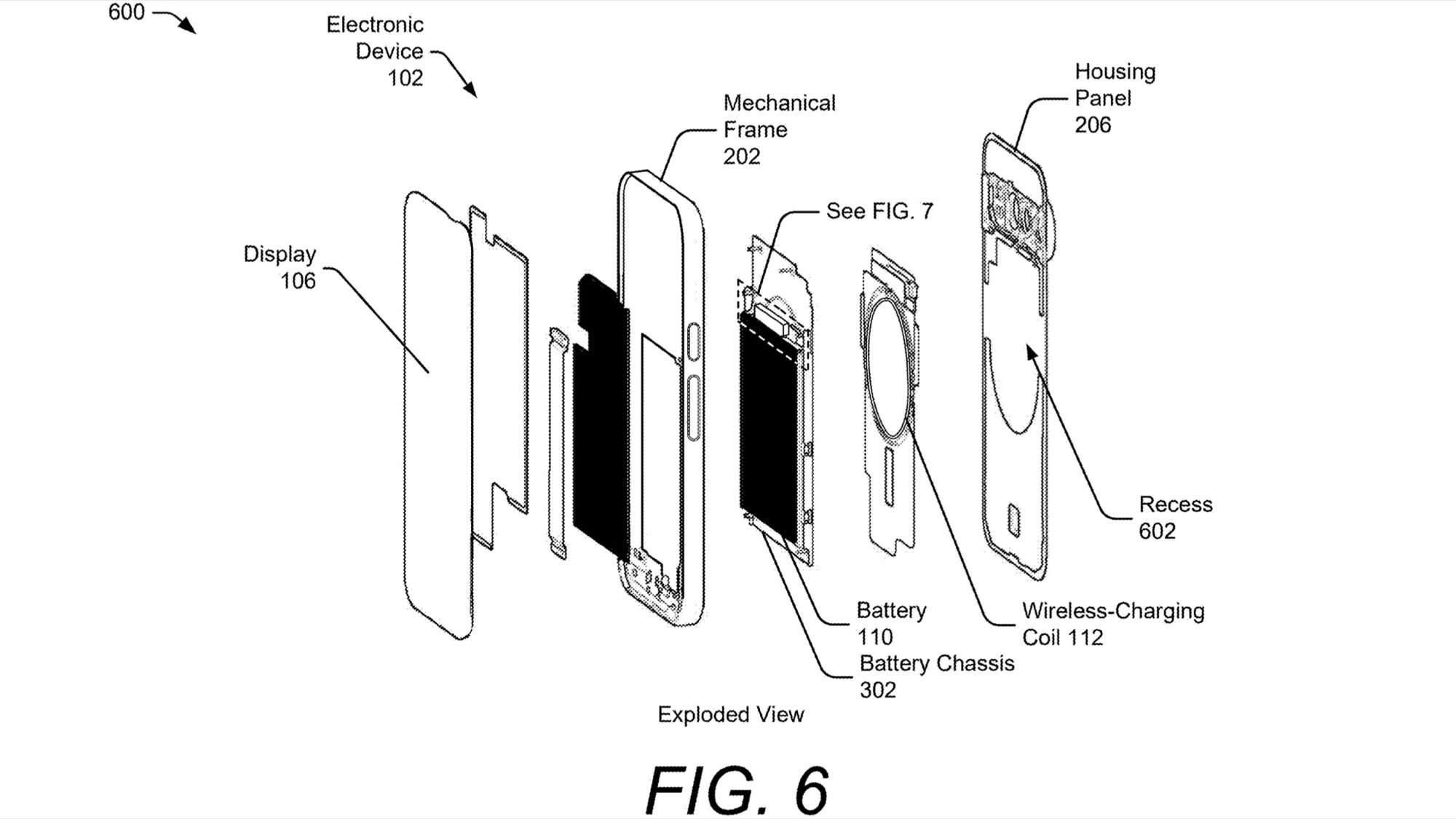 A technical patent illustration showing a glueless battery assembly mechanism inside a smartphone.
