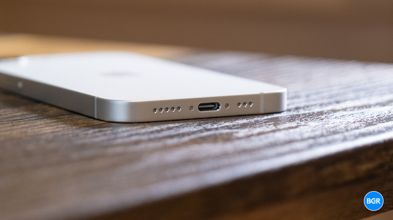 Close-up of the USB-C charging port on the bottom of the iPhone 17e