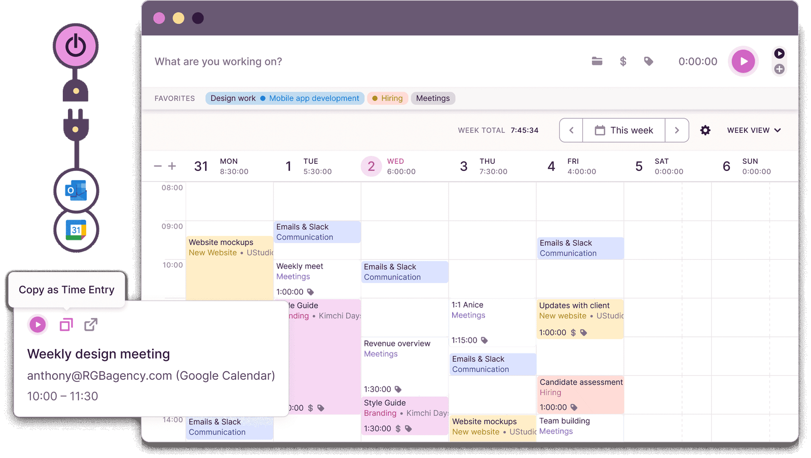 The Toggl Track interface showing time entries and productivity analytics.