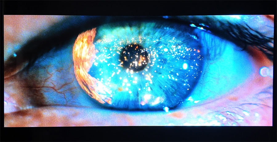 The LG B4 displaying a high-contrast cinematic scene from Blade Runner.