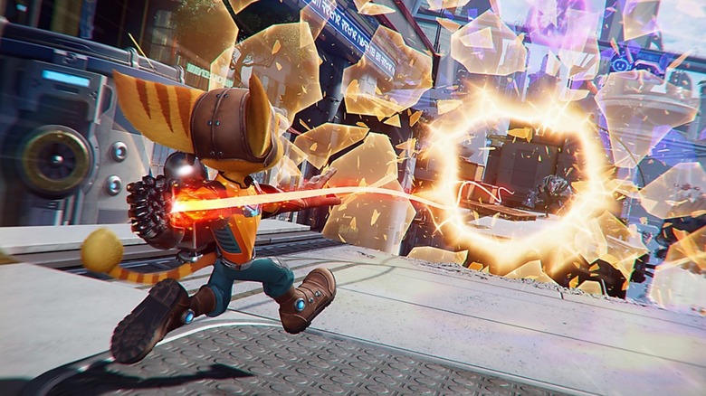A high-detail screenshot from Ratchet and Clank: Rift Apart showing a character jumping through a portal.