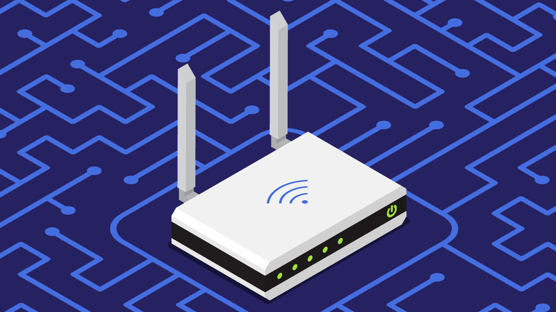 Graphic illustration of a wireless router with a Wi-Fi signal icon.