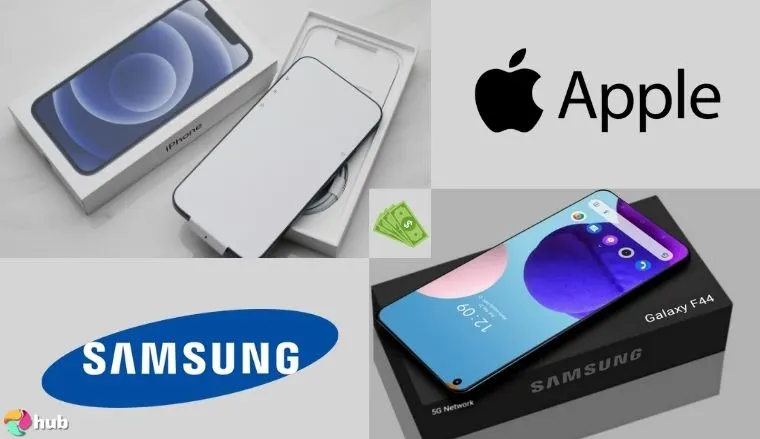 Apple and Samsung logos displayed alongside their flagship smartphones.