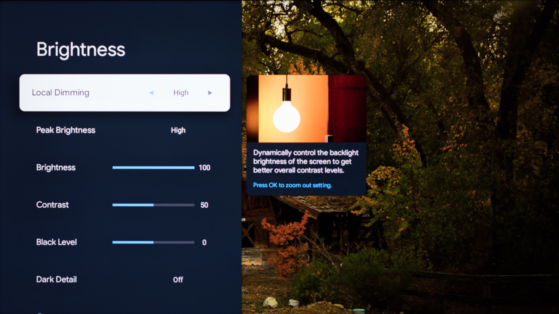 A close-up view of the Hisense U8N picture settings menu on a television screen.