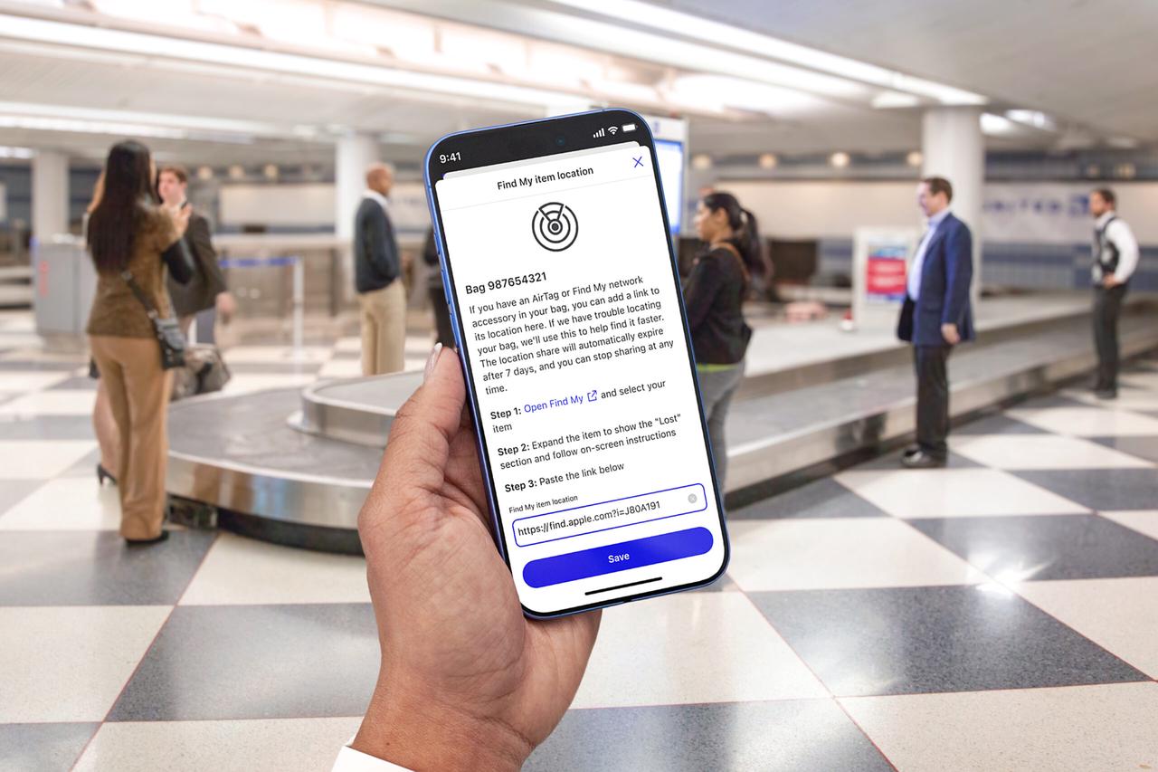 Airline app interface showing integrated AirTag tracking for checked baggage.