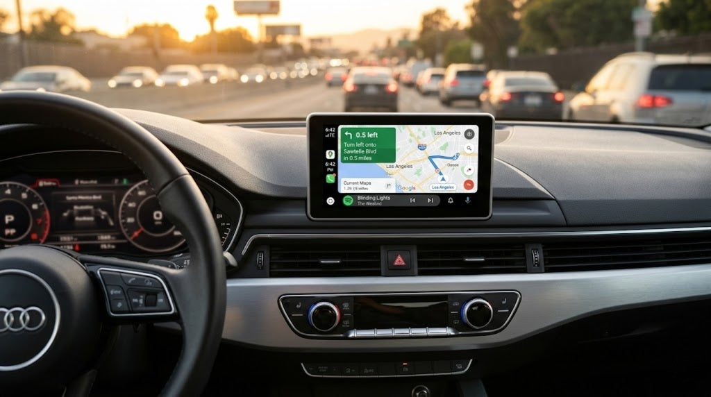 A smartphone connected to a car's center console via a USB cable.