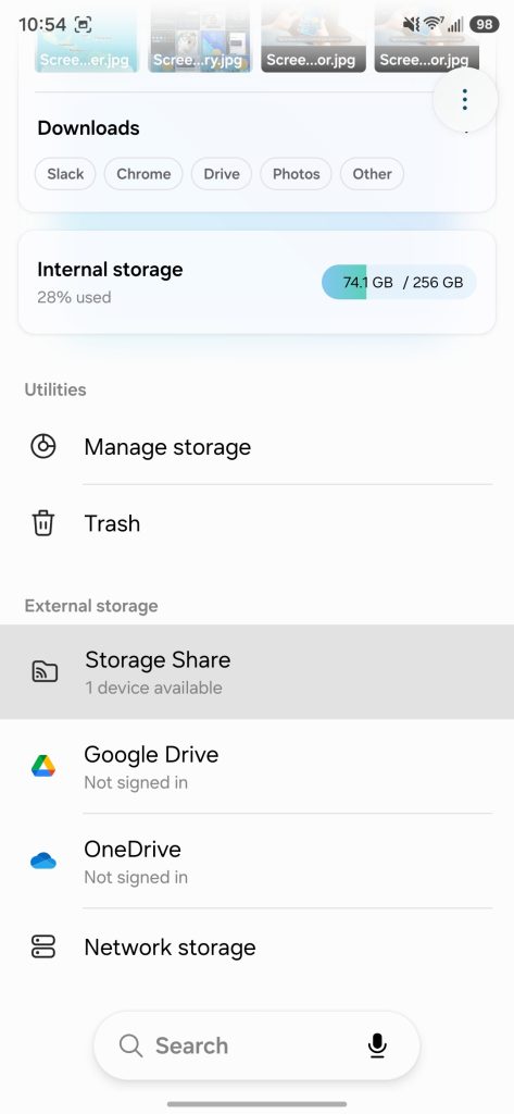 The Samsung My Files app displaying the Storage Share interface for remote file access.