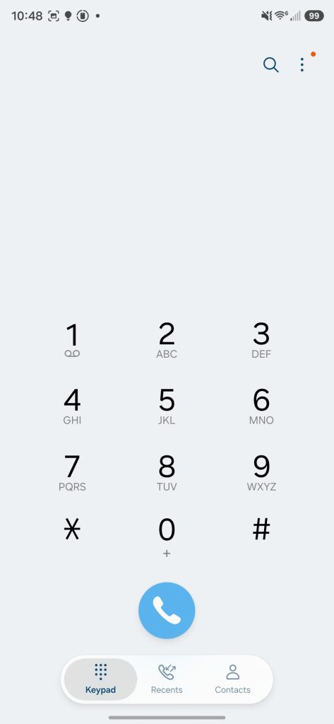 Samsung Phone app interface featuring the new Liquid Glass 3D icons and floating buttons.