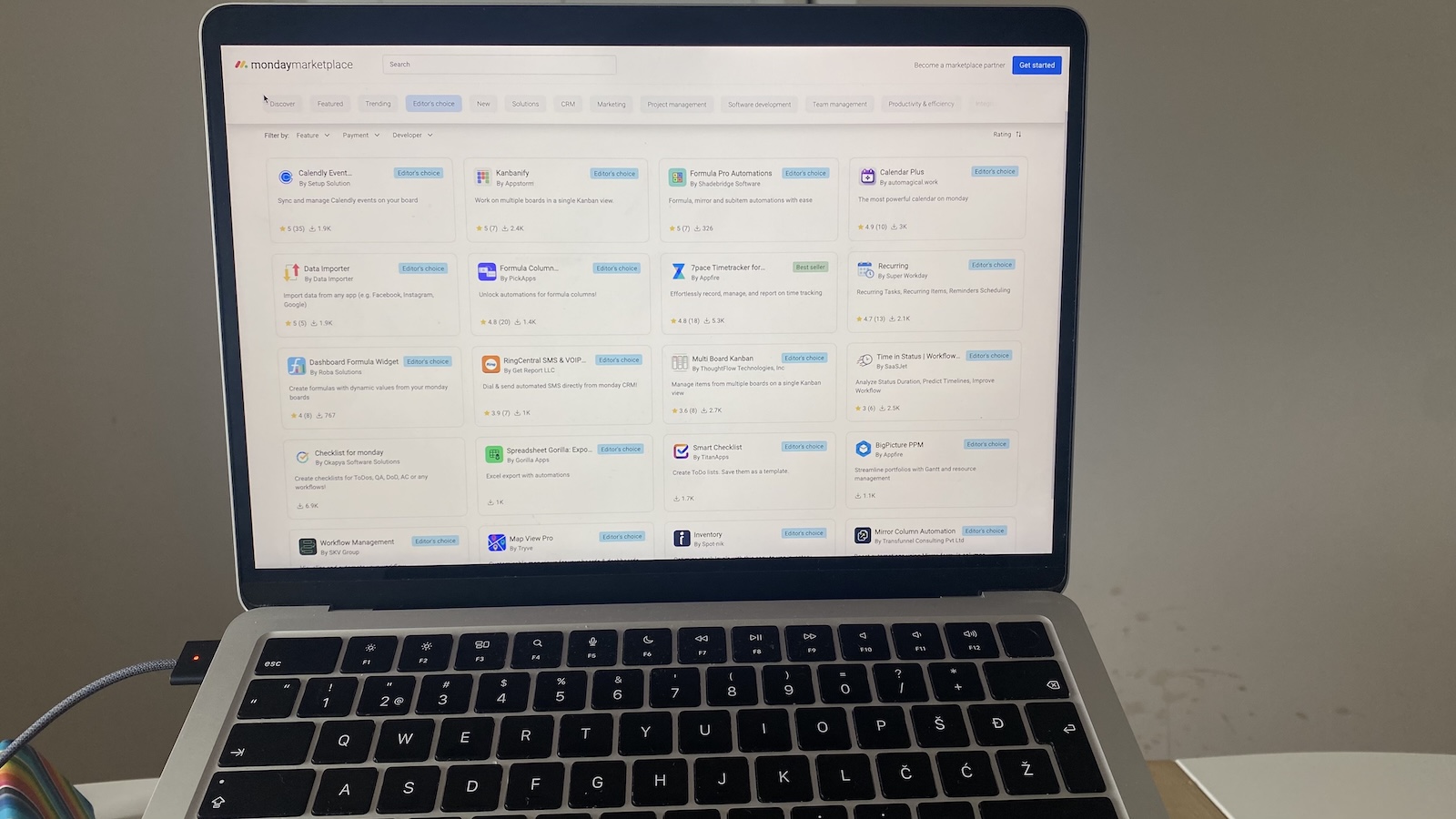 Monday CRM integration marketplace listing Slack, Google, and other third-party tools.