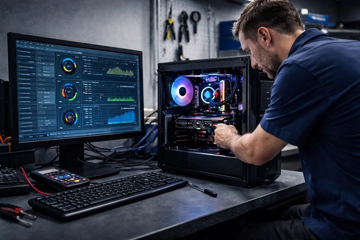 A technician using diagnostic software to analyze computer hardware performance and potential bottlenecks.