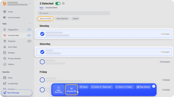 An interface showing multiple email senders selected with a bulk unsubscribe action highlighted.