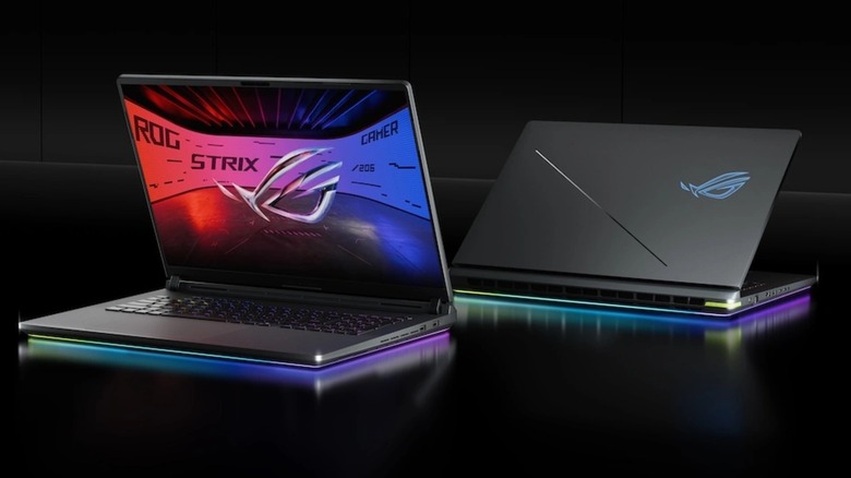Two ASUS ROG Strix G18 laptops showcasing their large displays and RGB lighting.