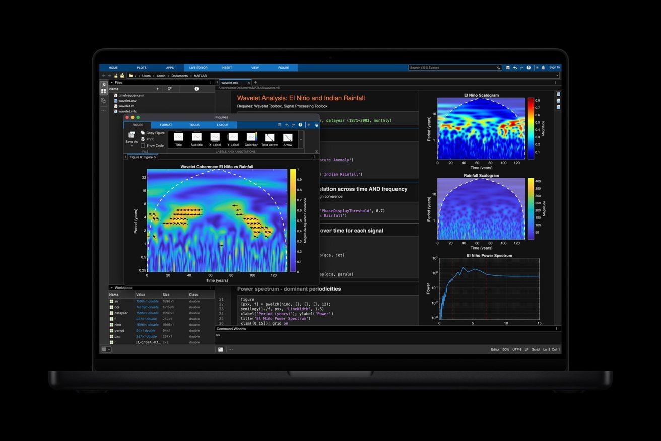MacBook Pro running MATLAB software with complex data visualizations.