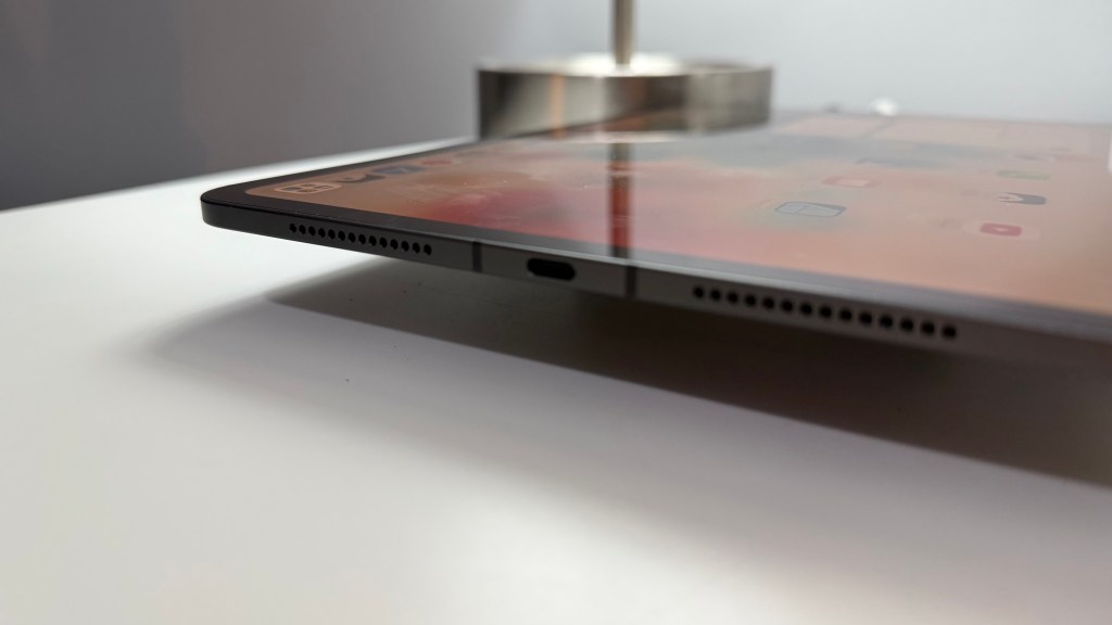 Close-up of the Thunderbolt 3 port on the edge of an iPad Pro.