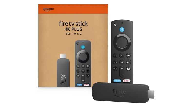 Amazon Fire TV Stick 4K Plus retail packaging, streaming stick, and voice remote.