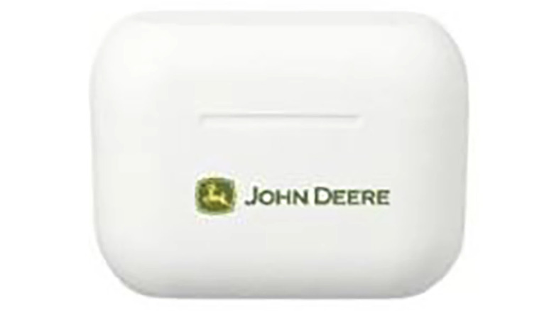John Deere Pro True Wireless Earbuds and their charging case on a plain background.