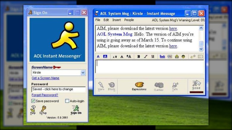 A screenshot of the AOL Instant Messenger (AIM) login screen and a standard chat window.