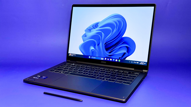 MSI Prestige 14 Flip AI+ laptop on a purple background.