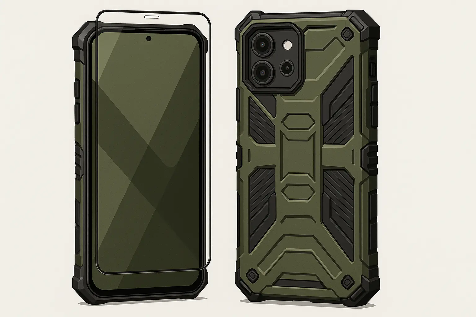 A selection of glass screen protectors and cases laid out for a large flat-screen smartphone.