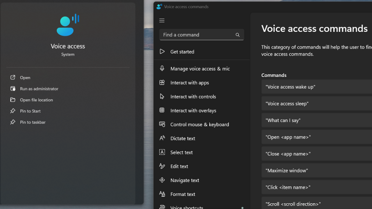 The user interface of Voice Access on a Windows 11 desktop showing voice command options.