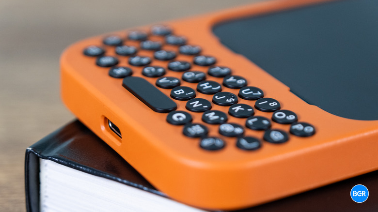 Overhead view of the full QWERTY layout on the Clicks keyboard case.