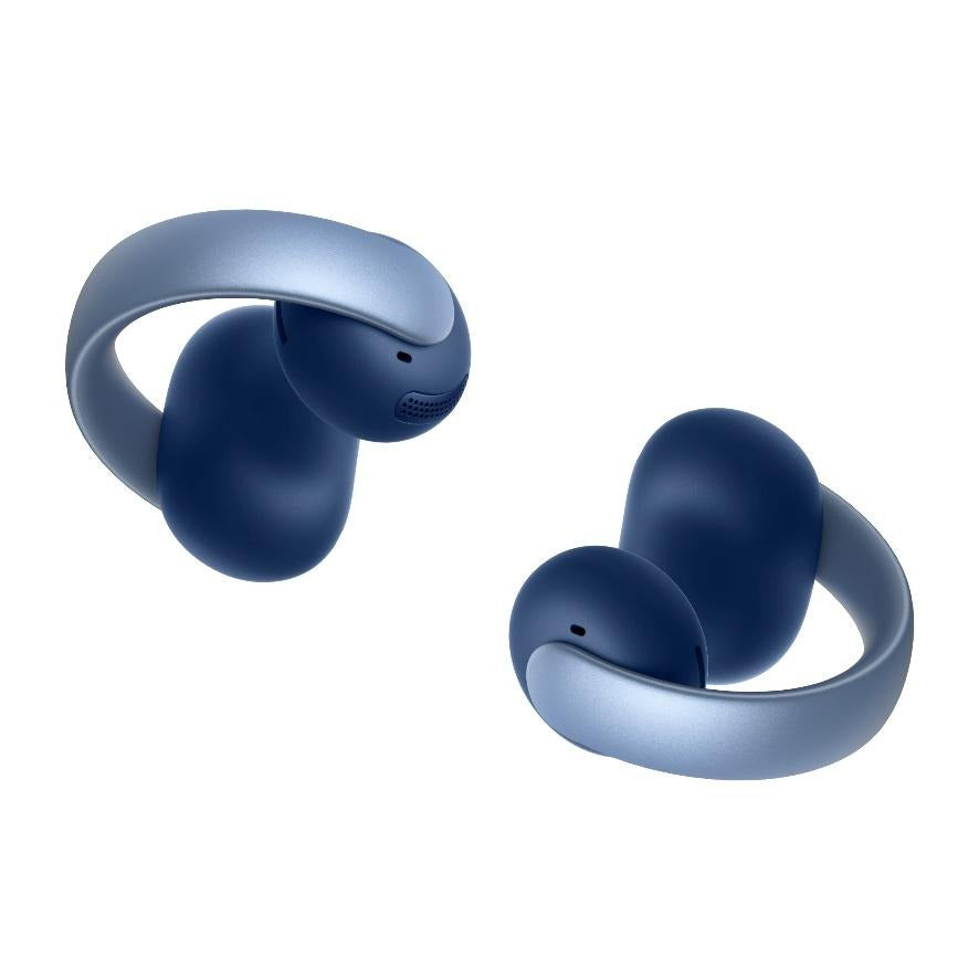 Soundcore AeroClip clip-on earbuds displayed on a flat surface.