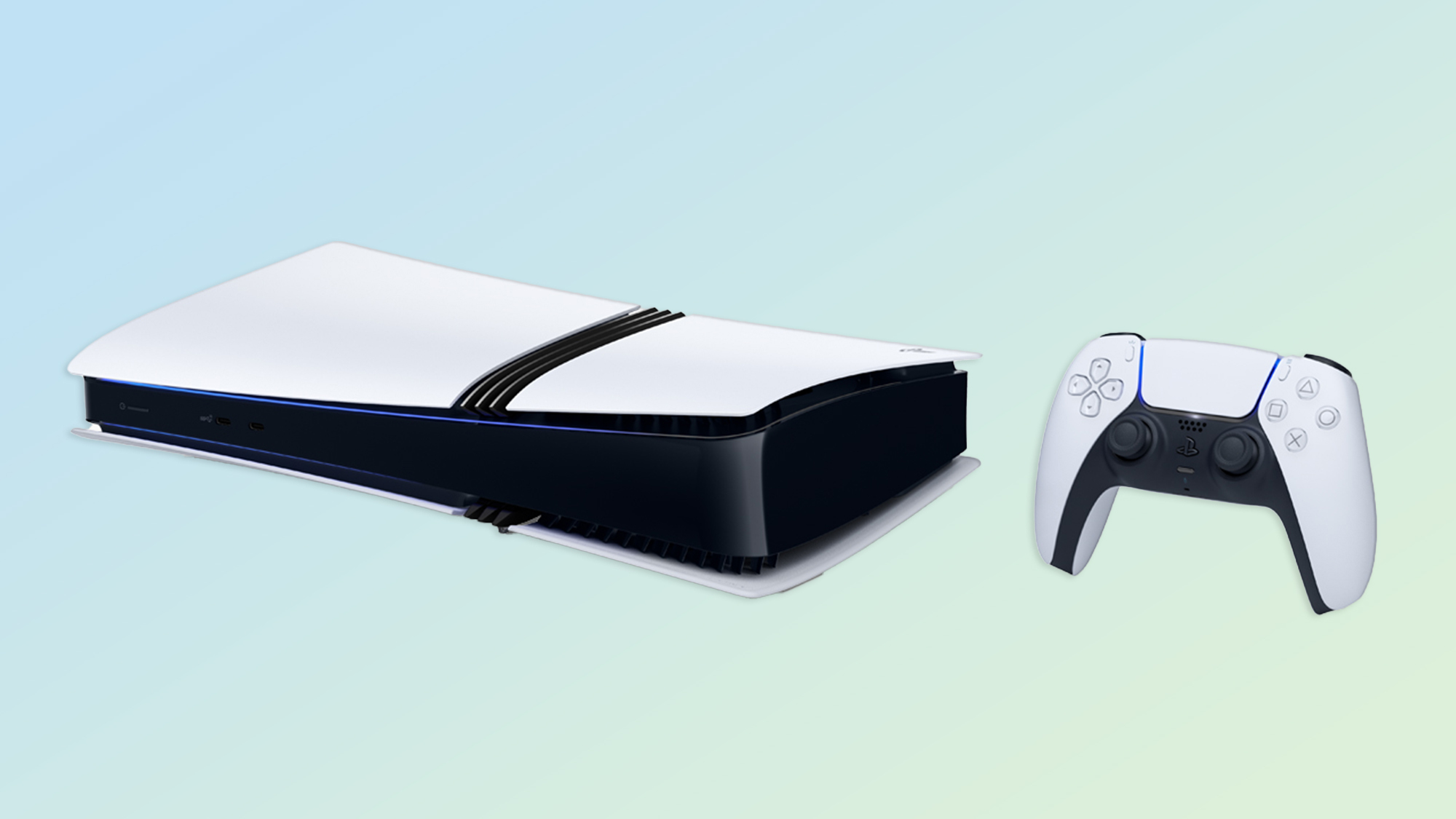 A Sony PS5 Pro console standing against a colorful abstract background.